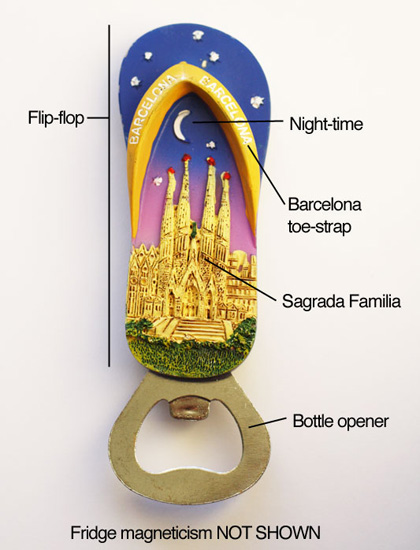 The Barcelona Toe-Strap Flip Flop Sagrada Familia At Night Bottle-Opener Fridge Magnet