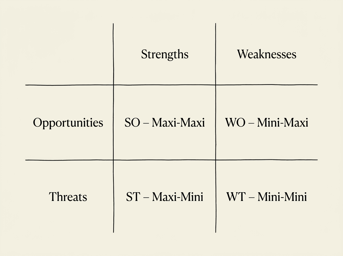 A TOWS matrix: a 3x3 grid pairing Strengths and Weaknesses with Opportunities and Threats, producing four quadrants – SO (Maxi-Maxi), WO (Mini-Maxi), ST (Maxi-Mini) and WT (Mini-Mini).
